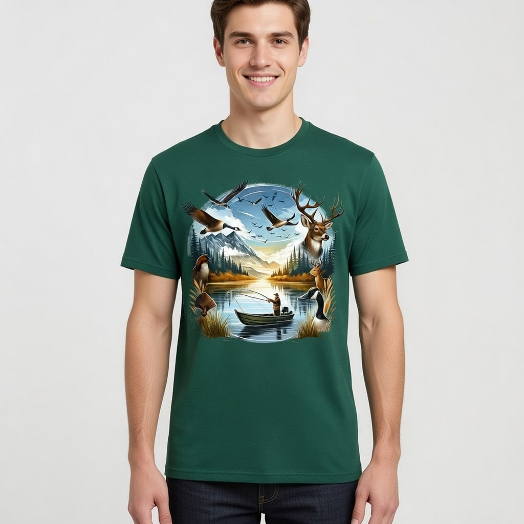 Wilderness Fishing Scene – Wildlife & Lake Adventure Tee