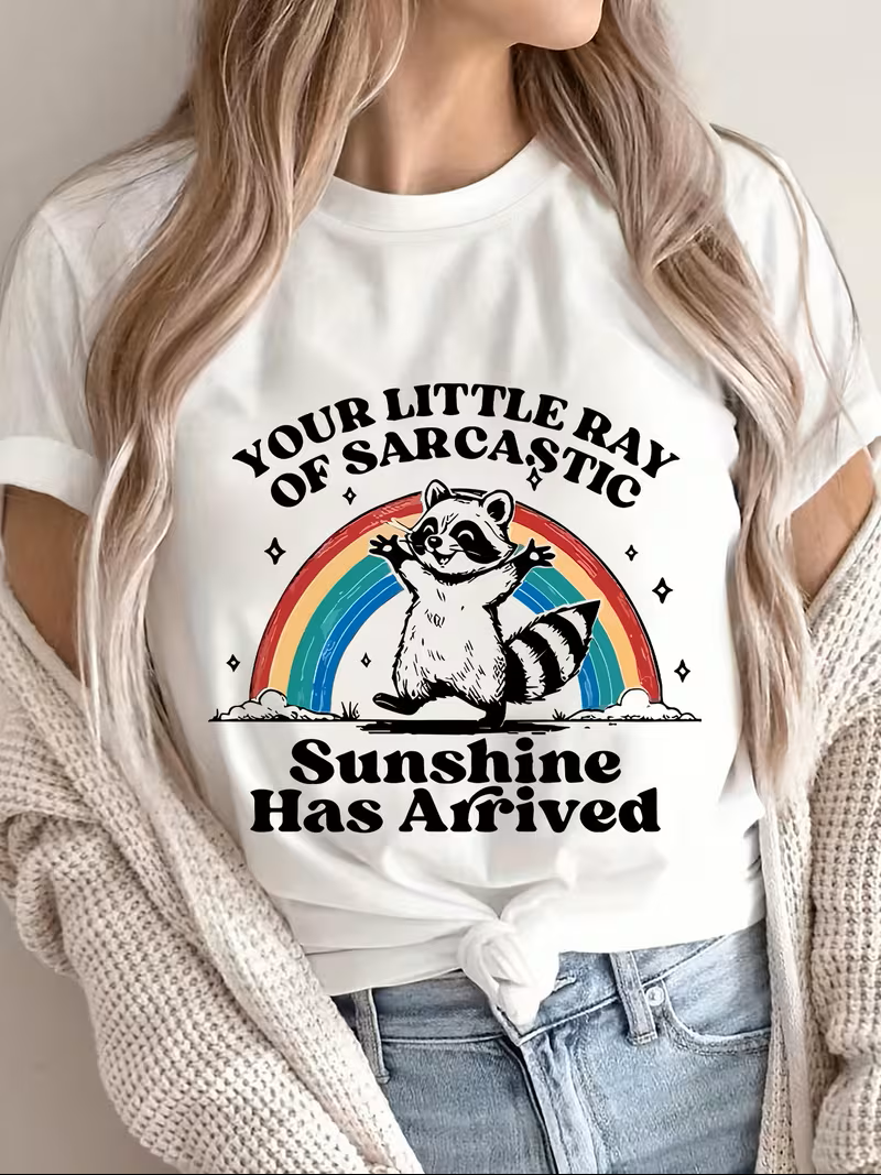 Your Little Ray of Sarcastic Sunshine – Rainbow Raccoon Humor Tee
