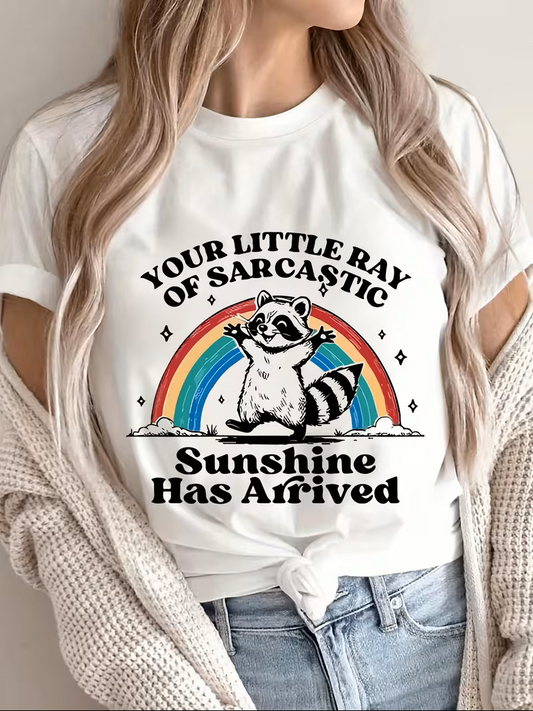 Your Little Ray of Sarcastic Sunshine – Rainbow Raccoon Humor Tee