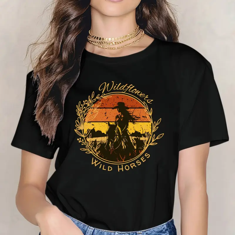Wildflowers Wild Horses – Retro Western Sunset Tee
