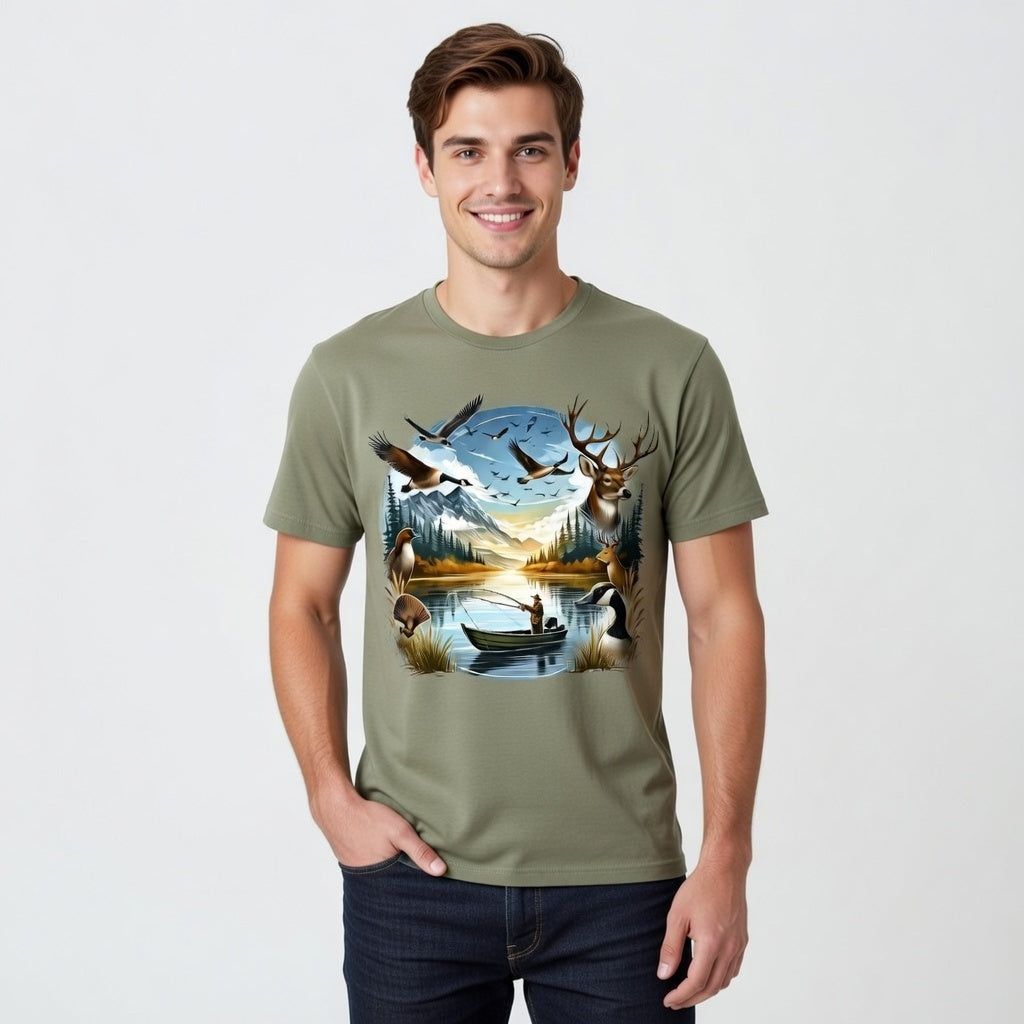 Wilderness Fishing Scene – Wildlife & Lake Adventure Tee