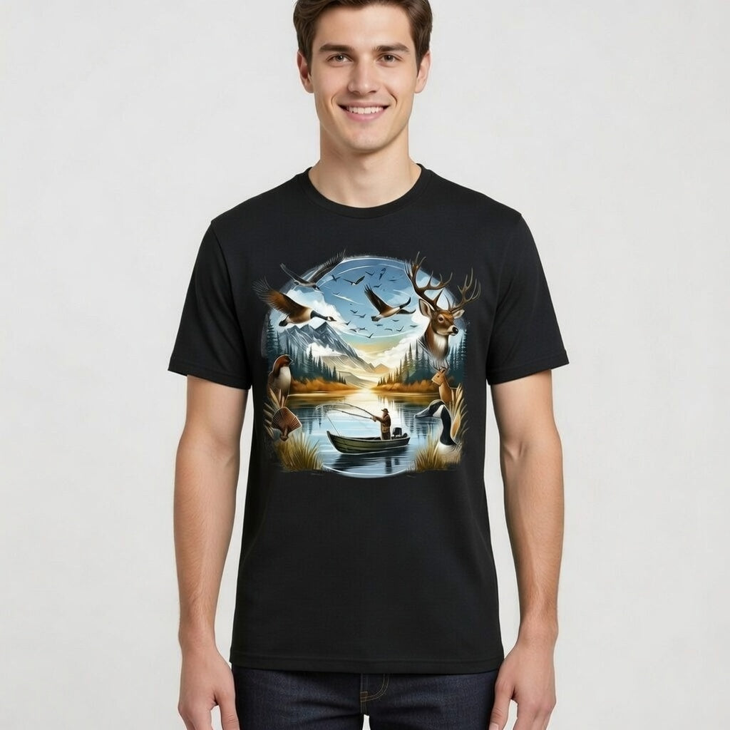 Wilderness Fishing Scene – Wildlife & Lake Adventure Tee